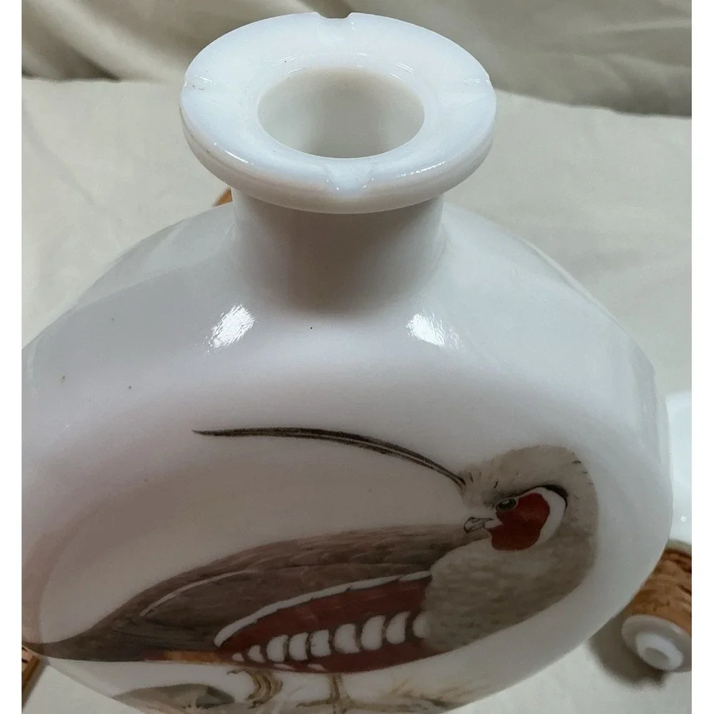 Field Birds Mountain Quail Milk Glass Whiskey Decanter Hand Painted By A. Singer